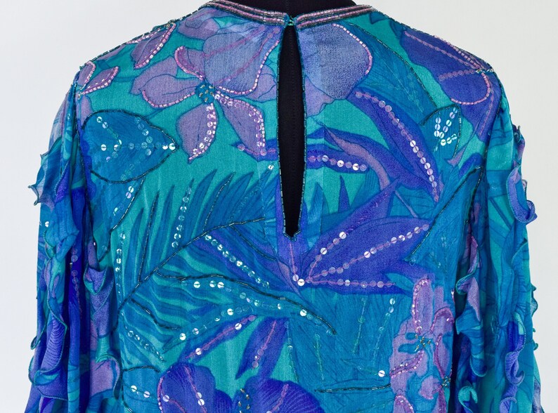 1980s Blue Silk Chiffon Ruffled Party Dress 80s Blue Beaded Chiffon Dress Judith Ann Creations Medium image 8