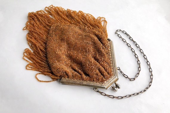 1900s Gold Beaded Evening Handbag | 1910s Gold Lo… - image 1