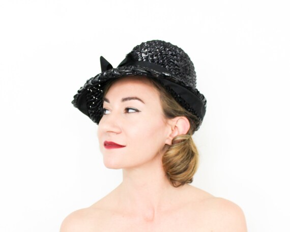 Mr John | 1960s Black Raffia Hat | 60s Black Asym… - image 5