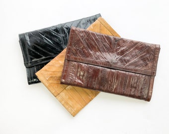 1980s Eel Skin Leather Clutch | 80s Eel Skin Handbag | Made in Korea