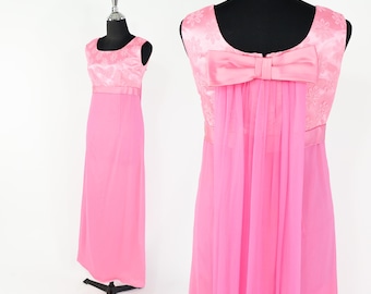 1960s Pink Lace Bodice Evening Gown | Chiffon Train, Small