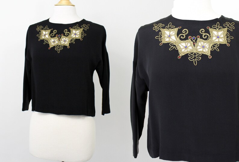Elaine Blouse 40s Black Crepe Blouse Medium Soutache /& Rhinestone Blouse