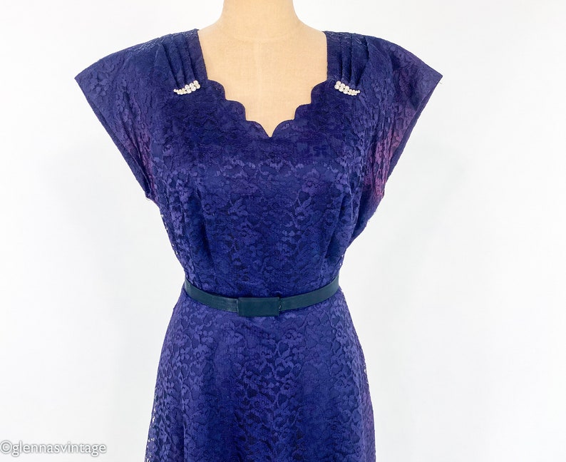 1940s Navy Blue Lace Cocktail Dress 40s Blue Lace Party Dress Kerrybrooke Large image 6