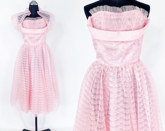 Vestido de fiesta rosa de encaje de los años 40 y bolero / Vestido formal vintage rosa sin tirantes / Estilo Hollywood clásico, talla extra pequeña