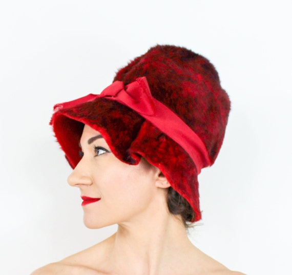 1960s Mr John Jr Red Mohair Hat | Cranberry Wool Bucket Hat  display picture 3