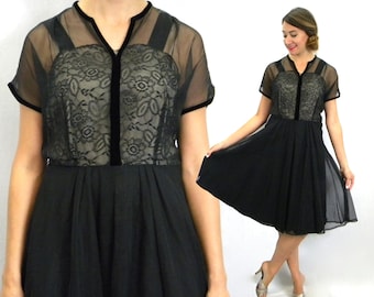 1940s Black Chiffon Dress | 40s Black Lace & Chiffon Dress | DONALD Original | Medium