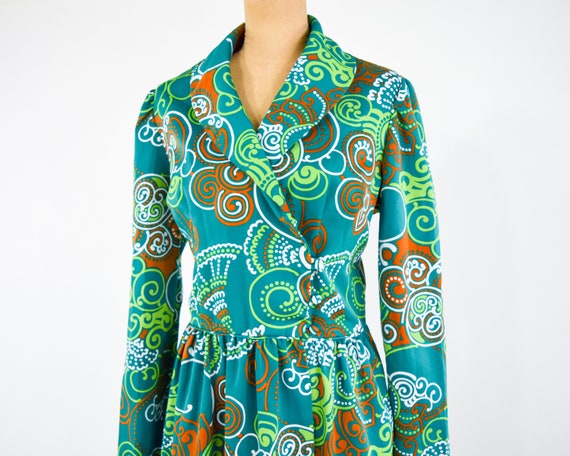 1970s Green Floral Maxi Dress | 70s Green Op Art … - image 7