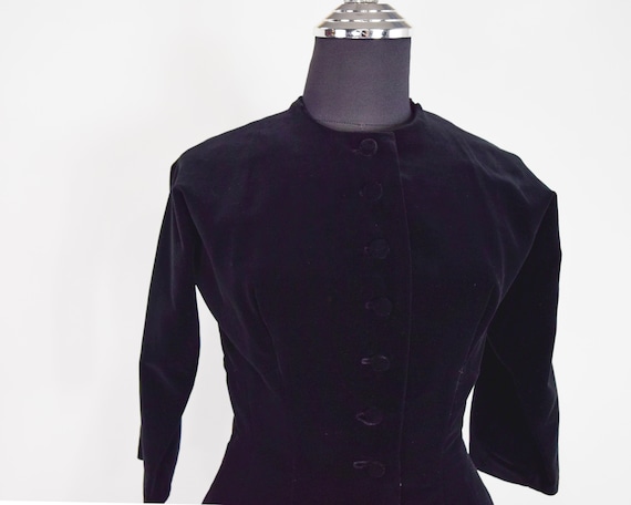 1950s Black Velvet Dress | 50s Black Cotton Velve… - image 6