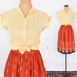 1950s Border Print Skirt & Eyelet Blouse | 50s Yellow Eyelet Cotton Blouse | 60s Orange Border Print Skirt