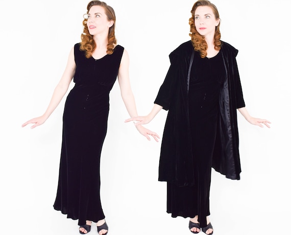 1940s Black Silk Velvet Gown & Coat | 40s Black Si