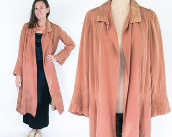 1910s Brown Silk Evening Coat | 1910s Tan Silk Embroidered Coat | Trapunto Brown Coat | Medium