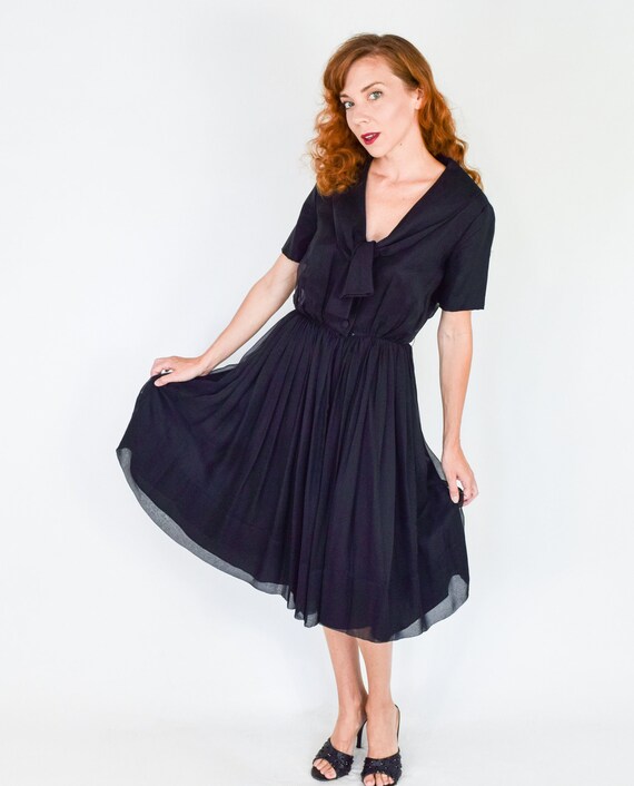 1950s Black Chiffon Dress | 50s Black Chiffon Par… - image 2