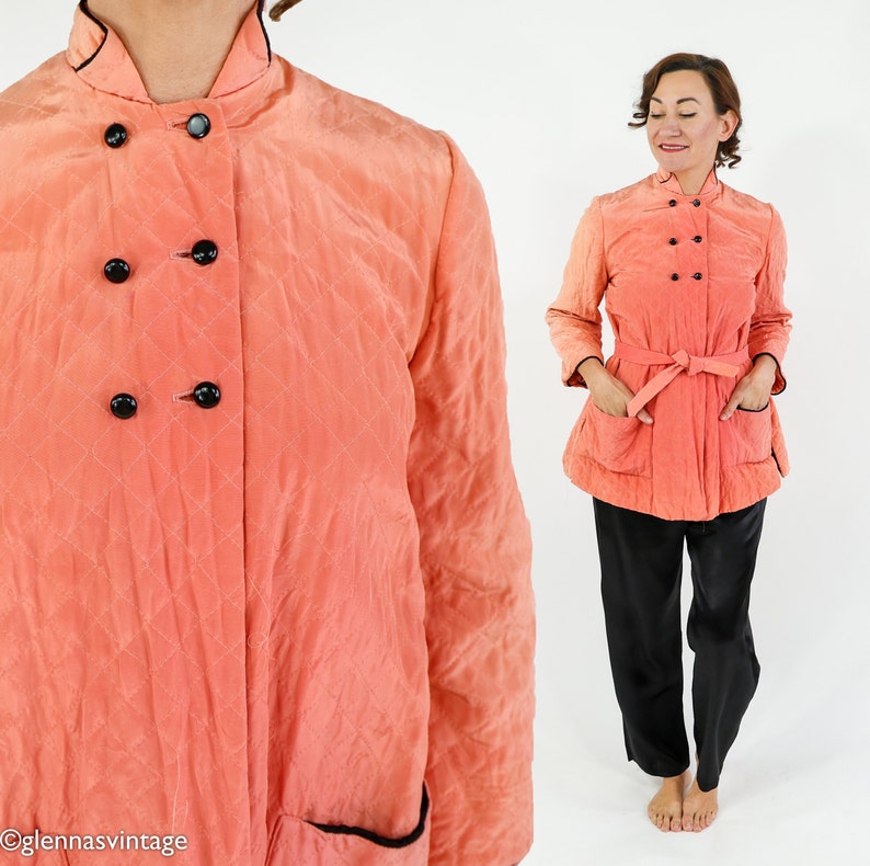 1940s Coral Quilted Pajamas Set 40s Peach Quilted Robe & Slacks Old Hollywood Medium image 2