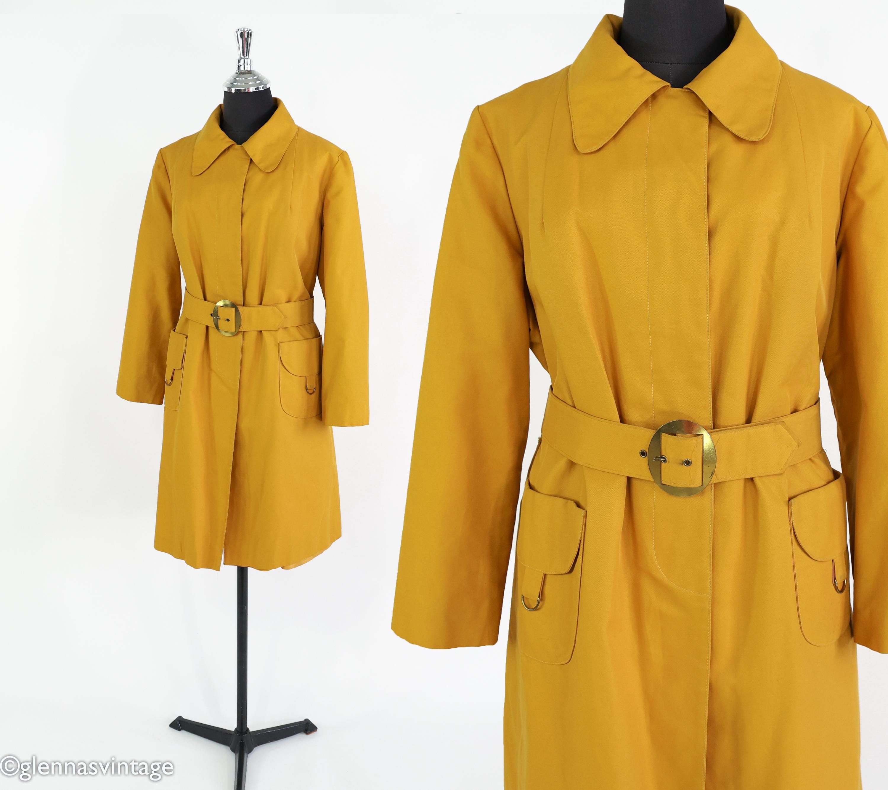 【60s】Euro Vintage Cotton Belted Coat 46 1960s Gold Trench Coat | Vintage Yellow Cotton Raincoat | Canadian