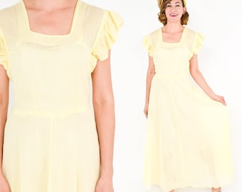 1940s Yellow Cotton Party Dress | Vintage Yellow Ruffle Sleeve Formal, Medium