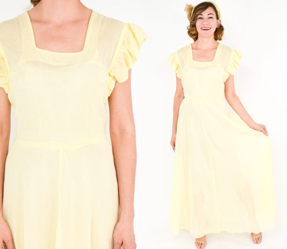 1940s Yellow Cotton Party Dress | 40s Yellow Shee… - image 1