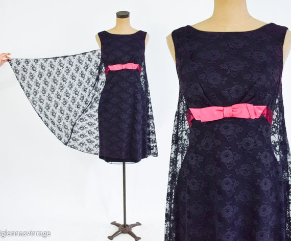 1960s Black Lace & Hot Pink Party Dress | 60s Bla… - image 2