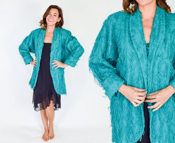 1980s Turquoise Cotton Oversized Jacket | 80s Gree