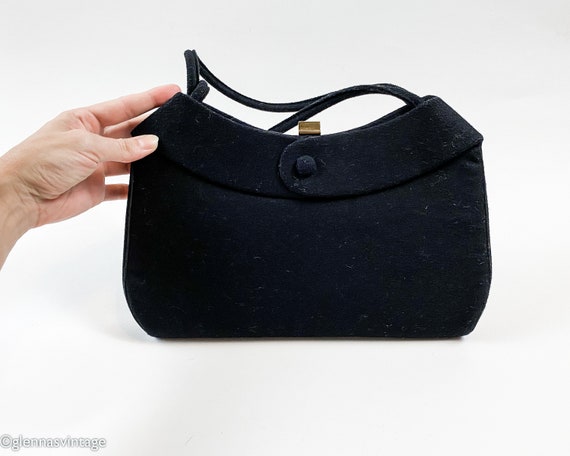 1950s Black Wool Evening Handbag | 50s Black Wool… - image 2