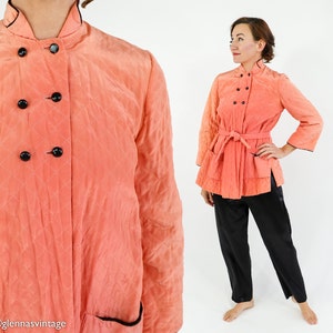 1940s Coral Quilted Pajamas Set 40s Peach Quilted Robe & Slacks Old Hollywood Medium image 1