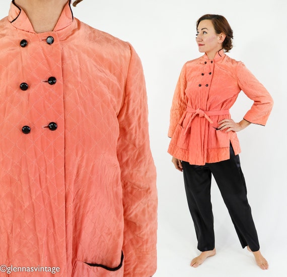 1940s Coral Quilted Pajamas Set | 40s Peach Quilt… - image 1
