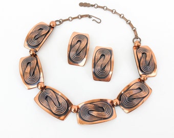 1950s Copper Jewelry Set | 50s Copper Swirls Necklace & Earrings