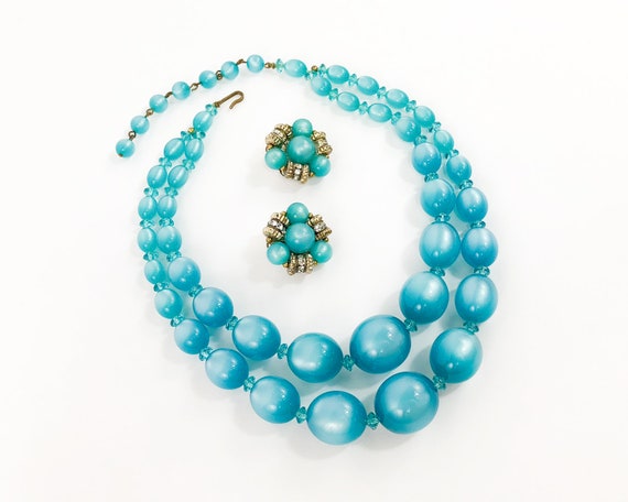 1960s Blue Plastic Bead Necklace Set | 60s Turquo… - image 4