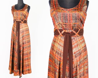 1970s Metallic Orange & Brown Evening Dress | 70s Orange Plaid Maxi Dress | Futura Couture of New York | Small