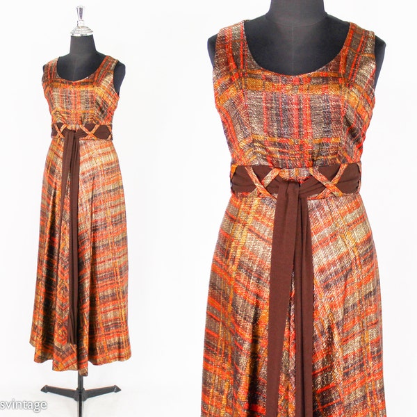 1970s Metallic Orange & Brown Evening Dress | 70s Orange Plaid Maxi Dress | Futura Couture of New York | Small