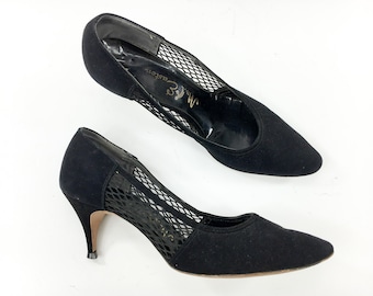 1960s Mr Easton Black Suede Heels | Lattice Leather Pumps US 8.5