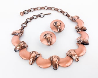 1950s Copper Choker & Earring Set | Vintage  Copper Necklace Clip Earrings | Rebajes Style