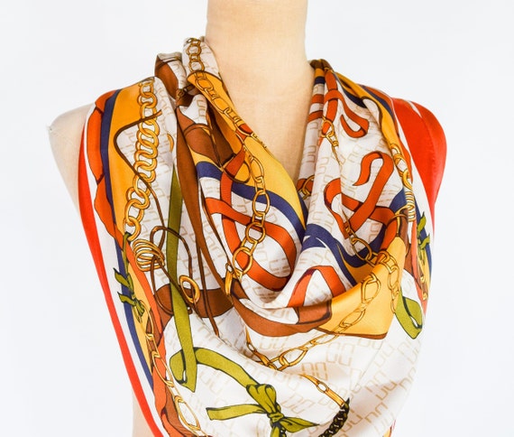 1980s Belts & Chains Silk Scarf | 80s Orange Gold