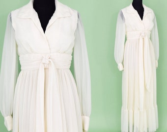 1970s Ivory Wedding Dress | 70s Long Sleeve Ivory Bridal Gown | BoHo Wedding Dress | Small