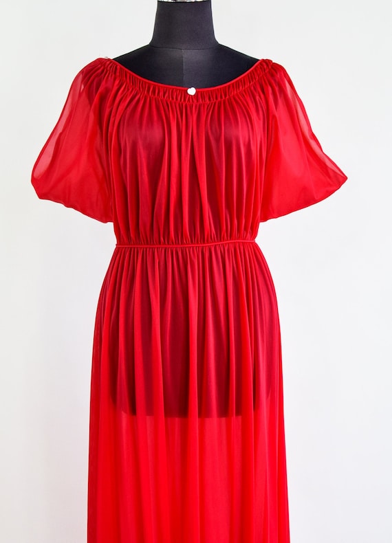 Vintage 60s/70s Red SHADOWLINE Nylon Short Sleeve Maxi Nightgown
