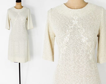 1960s Creme Knit Dress | 60s Beige Nubby Knit Dress | Medium