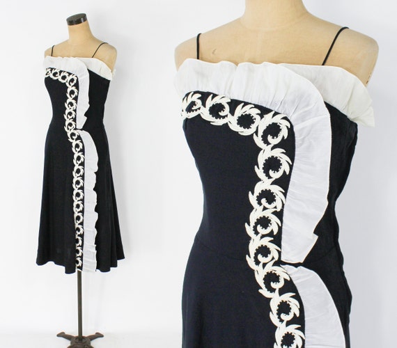 1940s Black & White Cotton Dress | 40s White Black