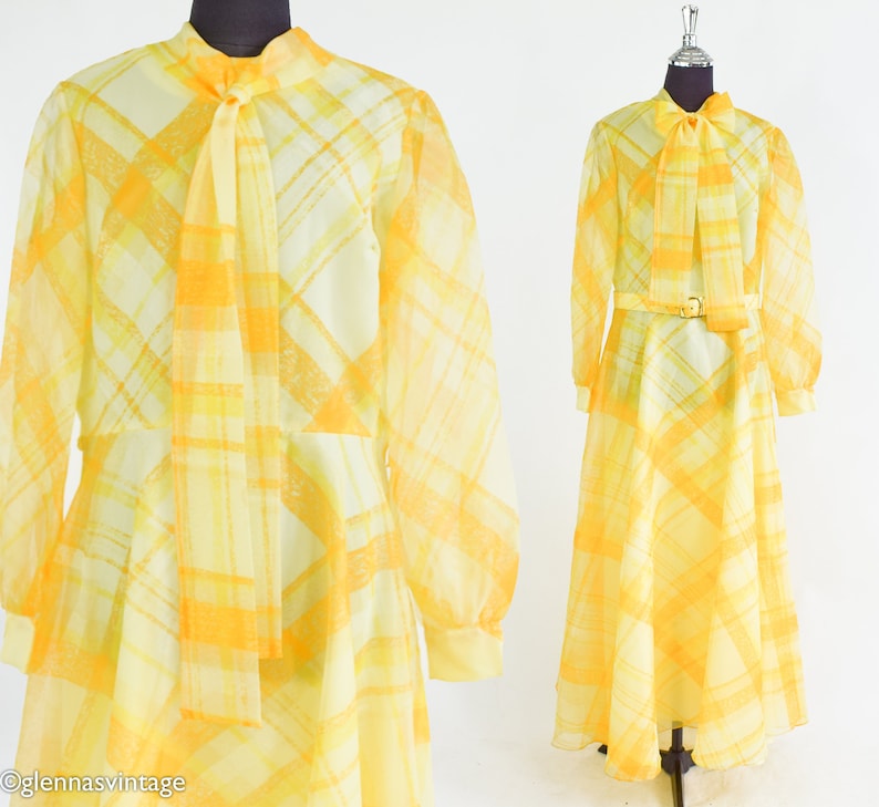 1970s Yellow Plaid Maxi Dress 70s Yellow Evening Dress Yellow Bridesmaid Dress Avalon Classics Size 10 & 16 image 3