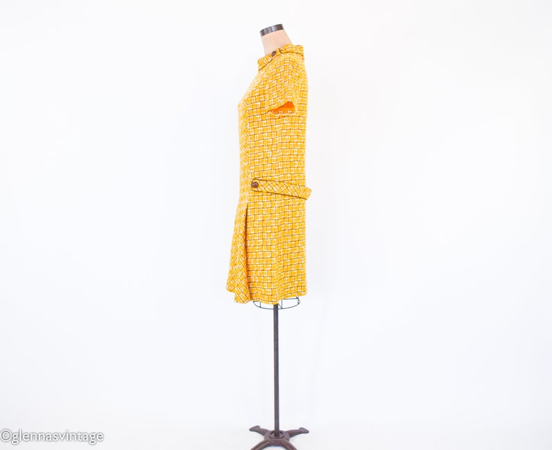 1960s Yellow Wool Plaid Dress 60s Gold Plaid Shift Dress Twiggy Style Medium image 4