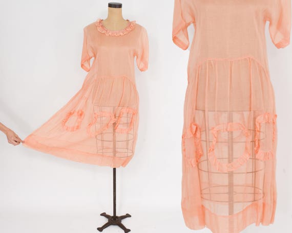 1930s Peach Organza Dress | 30s Peach Cotton Organ