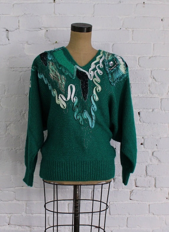 1980s Green V-Neck Sweater | 80s Green Knit Sweate