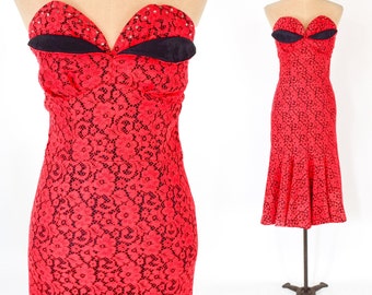 1950s Red Lace Cocktail Dress | 50s Red Lace Strapless Dress with Rhinestones | Mermaid Style | Melwine of Miami | XXSmall