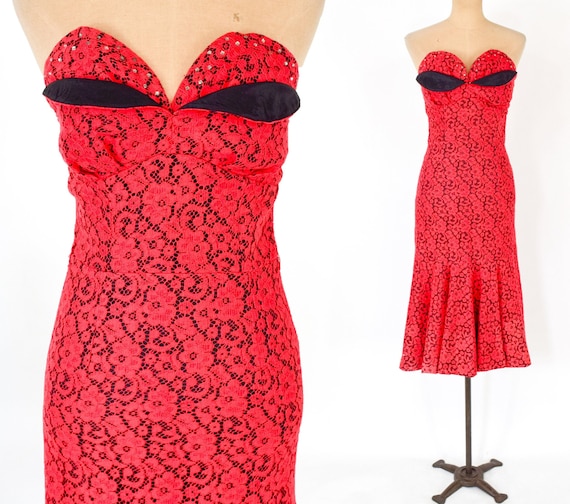 1950s Red Lace Cocktail Dress | 50s Red Lace Stra… - image 1