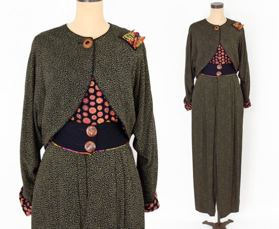 1980s Brown Print Pant Set | 80s Black & Brown Ray