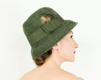 1960s Green Wool Bucket Hat | 60s Olive Green Mohair Hat | Green Bucket Hat