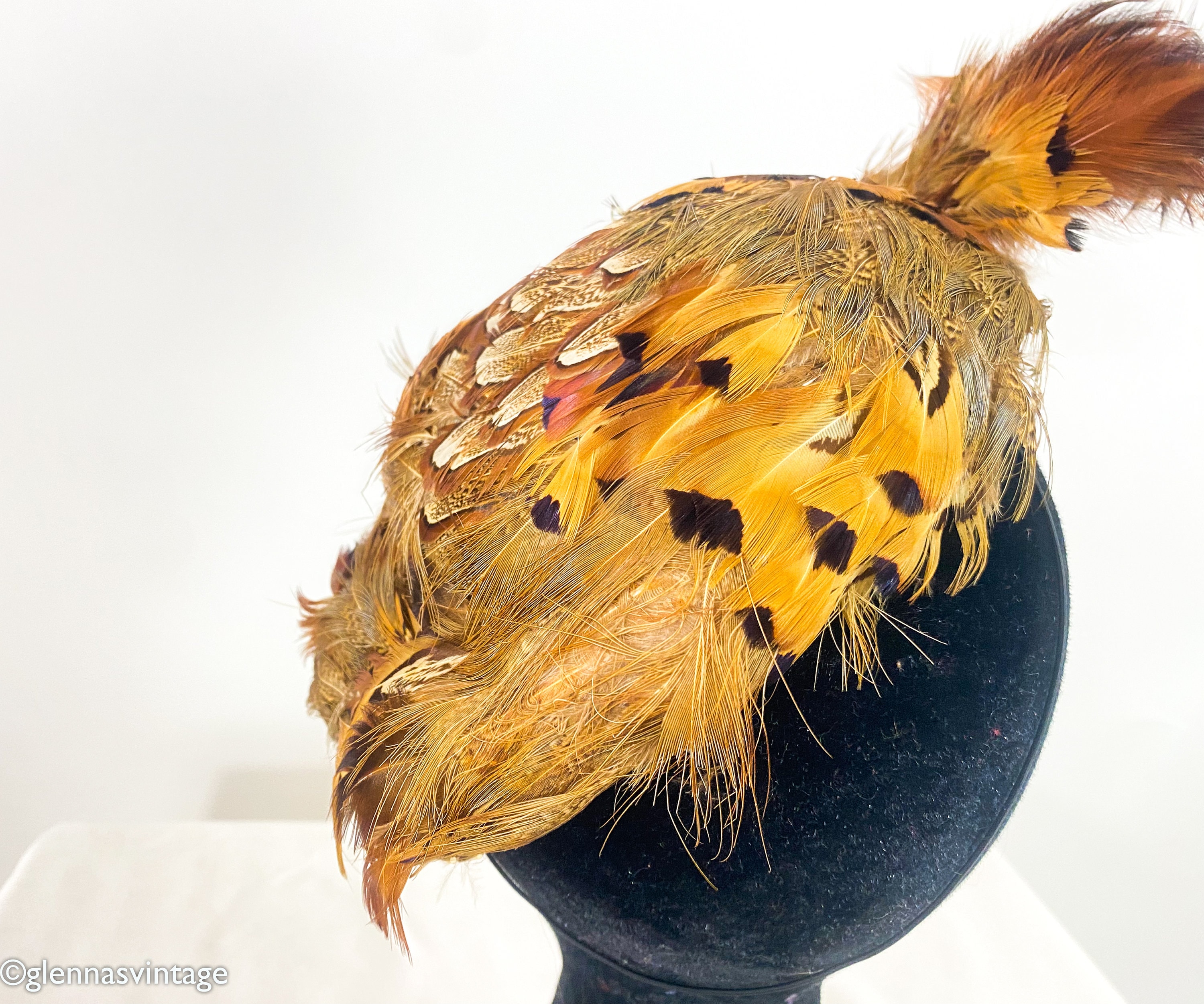 1940s Feather Fascinator Hat | Brown Quail Feather Saucer 