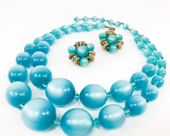 1960s Blue Plastic Bead Necklace Set | 60s Turquo… - image 6