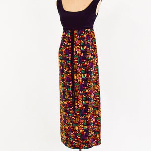 1960s Black Colorful Velvet Maxi Dress 60s Black Sleeveless Evening Dress Small image 4