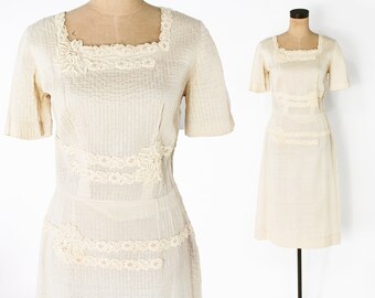 1950s Beige Cotton Summer Dress | 50s Beige & Lace Trim Cotton Dress | Medium