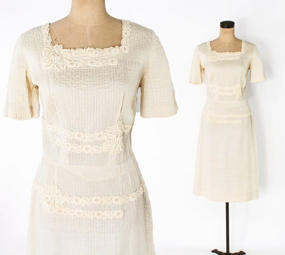 1950s Beige Cotton Summer Dress | 50s Beige & Lac… - image 1