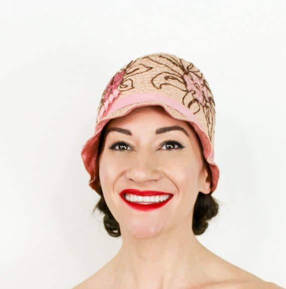 1920s Pink Cloche Hat | 20s Pale Pink Woven Raffi… - image 6